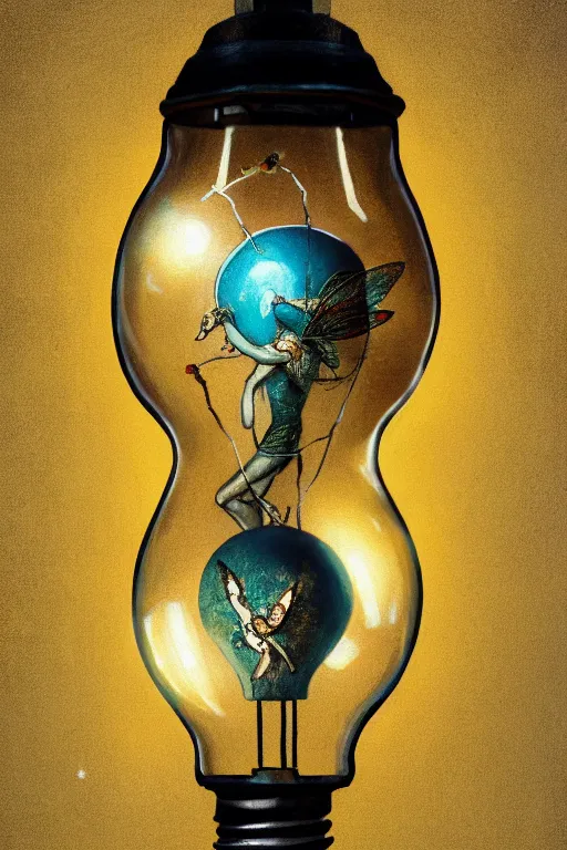 Image similar to painting of a fairy inside an upside down light bulb, kintsugi, modern fine art, fractal, intricate, elegant, highly detailed, digital photography, subsurface scattering, by wes anderson and basquiat and greg rutkowski,