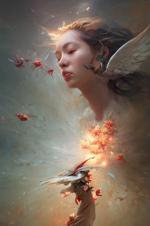 Image similar to beautiful girl exploding into flowers, angels, 3 d render, hyper - realistic detailed portrait, holding electricity and birds, ruan jia, wlop. scifi, fantasy, hyper detailed, octane render, concept art, peter mohrbacher