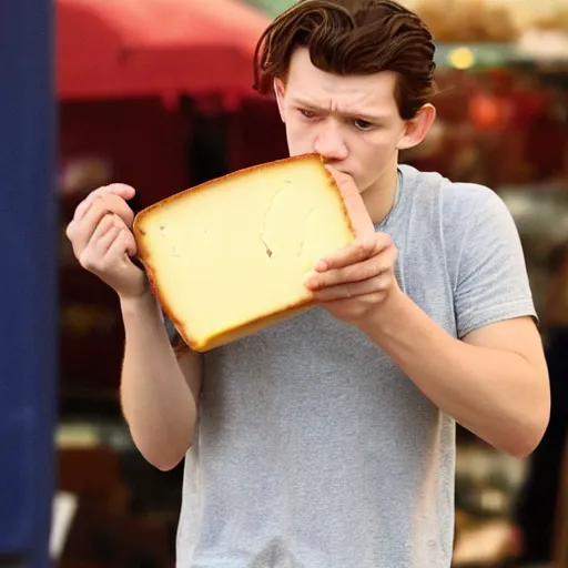 Prompt: sad tom holland holding a wallet full of cheese