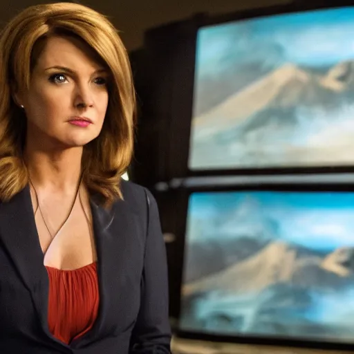 Image similar to cinematic movie still of a fox news anchorwoman reporting from mordor, lord of the rings movie, by daniella zalcman, directed by peter jackson, highly detailed, canon eos r 3, f / 1. 4, iso 2 0 0, 1 / 1 6 0 s, 8 k, raw, symmetrical balance