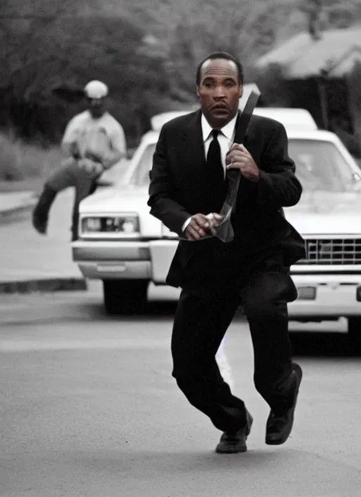 Image similar to norm macdonald running from oj simpson who is carrying a knife, canon 5 d, fuji 8 0 0 3 5 mm, 5 0 mm lens