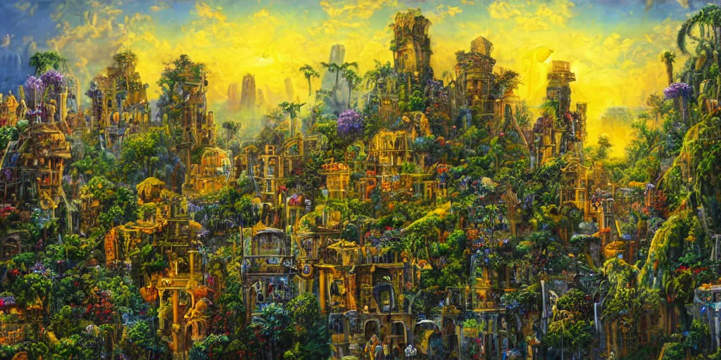 Prompt: fantasy oil painting, regale, refined, fortress mega structure city, damascus, luxor, argos, indore, flores, hybrid, looming, small buildings, warm lighting, street view, overlooking, epic, lush plants flowers, rainforest mountains, bright clouds, luminous sky, outer worlds, cinematic lighting, michael cheval, michael whelan, oil painting, natural tpose