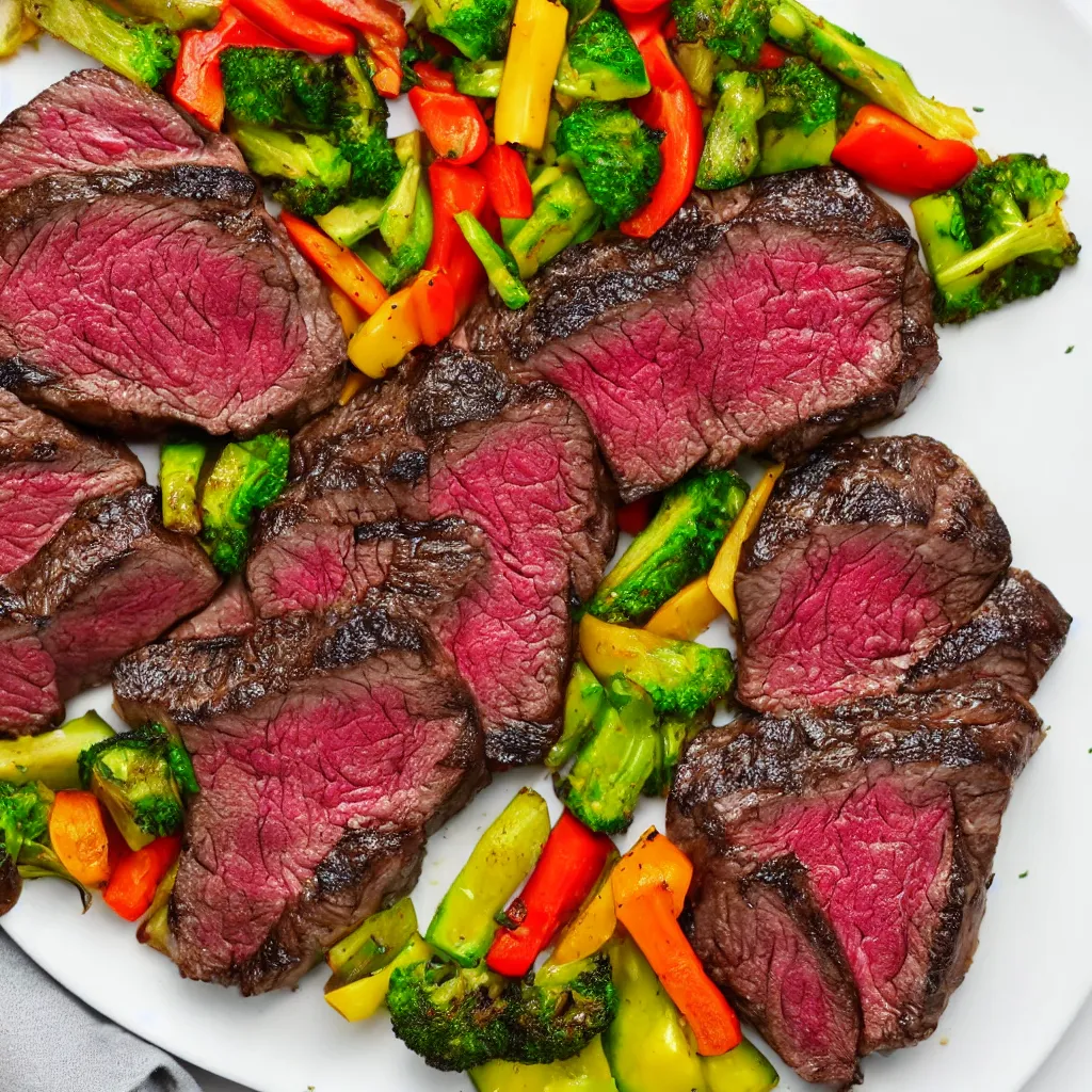 Prompt: a plate of perfectly cooked wagyu steak and vegetables