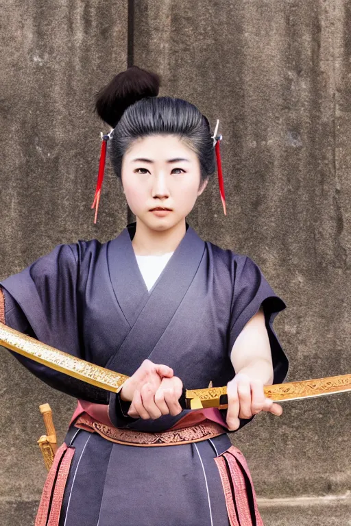 Image similar to highly detailed beautiful photo of a young female samurai, practising sword stances in a ancient temple, symmetrical face, beautiful eyes, realistic anime art style, 8 k, award winning photo, pastels colours, action photography, 1 / 1 2 5 shutter speed, sunrise lighting