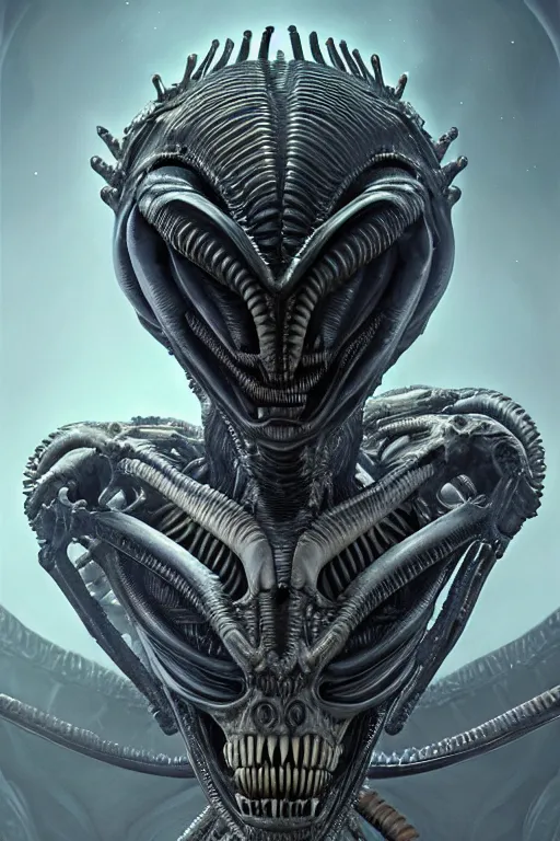 Image similar to alien xenomorph queen, close - up portrait, crown of bones, intricate, elegant, volumetric lighting, scenery, digital painting, highly detailed, artstation, sharp focus, illustration, concept art, luis rollo, ruan jia, steve mccurry