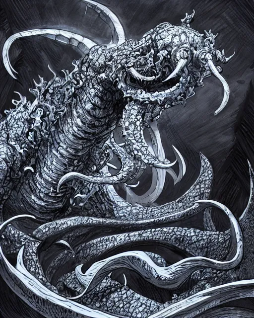 Image similar to A huge blue kraken in a vast sea, terrifying, black and white, fantasy art, monster art, in the style of masami kurumada, illustration, epic, fantasy, intricate, hyper detailed, artstation, concept art, smooth, sharp focus, ray tracing