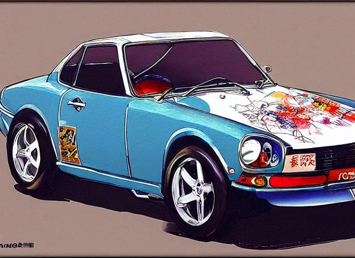 Image similar to beautiful yoshitaka amano art of a datsun fairlady roadster detailed painting