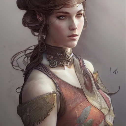 Image similar to character portrait by Magali Villeneuve and Steve Argyle,Livia Prima,Mucha,dress,fantasy art,beautiful,artstation,trending on artstation,intricate details,alluring,masterpiece