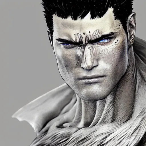 Image similar to photorealistic intricate detail portrait of guts from berserk extremely detailed, made by wlop and maxwell boas