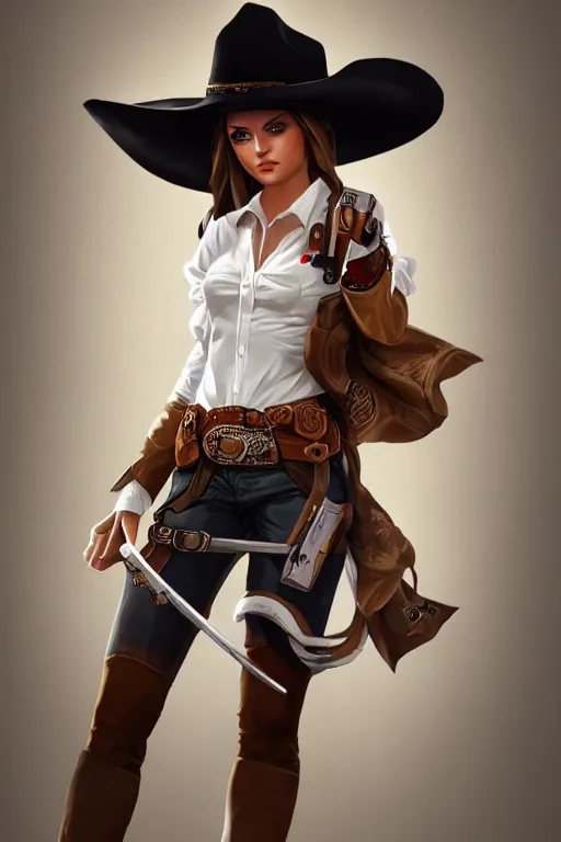 Image similar to full body, female cowgirl, perfect face, white blouse, long rifle, 8 k, magic the gathering, desert, d & d, artstation