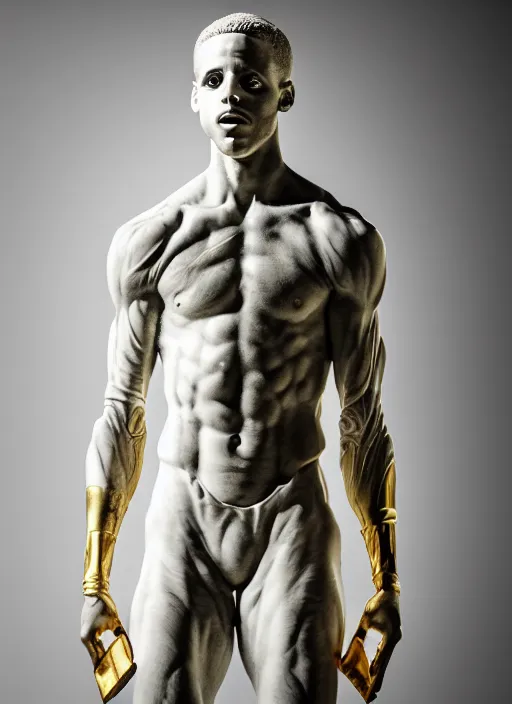 Image similar to a statue made of white marble with gold veins, of steph curry with a basketball in his hands, transhumanism, full body shot, perfect symmetrical body, perfect symmetrical face, hyper realistic, hyper detailed, by johannen voss, by peter kemp, by monia merlo, by michelangelo, by alex grey, octane render, blender, 8 k