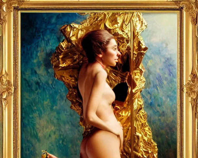 Image similar to attractive woman posing in front of a huge golden bitcoin, commercial by annie liebovitz, gaston bussiere, craig mullins, j. c. leyendecker