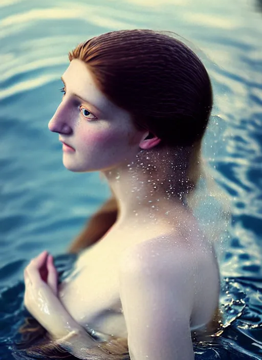 Image similar to Kodak Portra 400, 8K, soft light, volumetric lighting, highly detailed, britt marling style 3/4, extreme Close-up portrait photography of a beautiful woman how pre-Raphaelites with half face in the water, the hair floats on the water, a beautiful lace dress and hair are intricate with highly detailed realistic beautiful flowers , Realistic, Refined, Highly Detailed, natural outdoor soft pastel lighting colors scheme, outdoor fine art photography, Hyper realistic, photo realistic