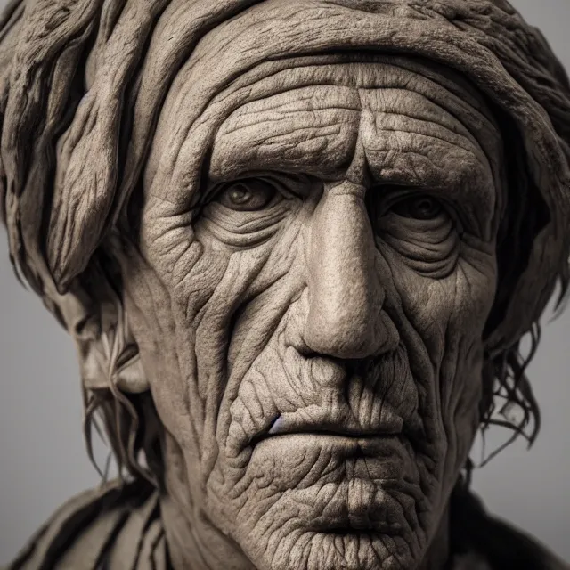 Prompt: photography of a bust of Keith Richards made of clay by Sebastian Kruger and Michelangelo, 50mm, studio atmosphere, 8K, rim light, octane render, ultra-realistic