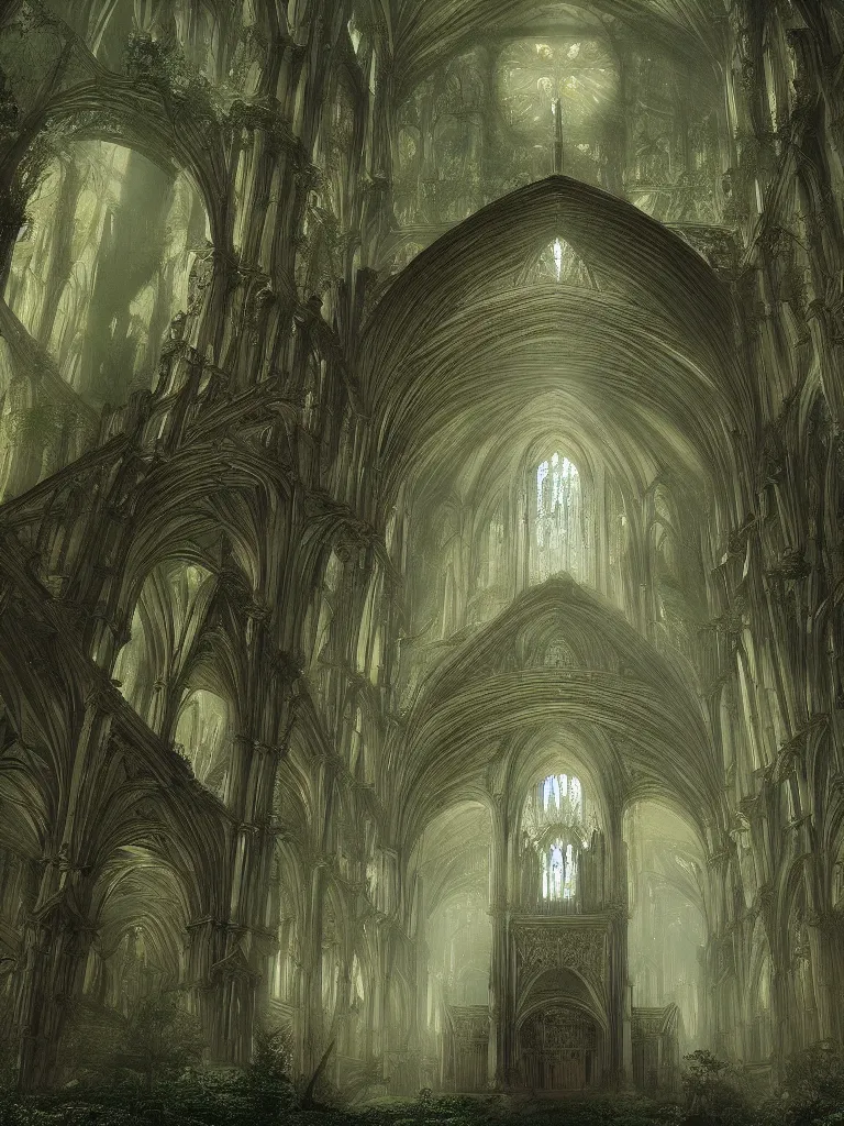 Prompt: A massive cathedral in a forrest, Roger Dean, Joe Fenton, , 8k, cinematic lighting, symmetry