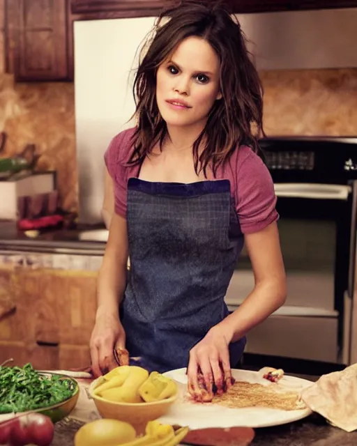 Image similar to photoshoot of actress rachel bilson cooking a meal, 8 k, photorealistic, shot in the style of annie leibovitz