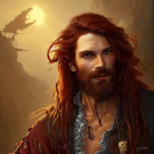 Prompt: portrait of a young ruggedly handsome but joyful pirate, male, masculine, upper body, red hair, waist long hair, d & d, fantasy, intricate, elegant, highly detailed, digital painting, artstation, concept art, matte, sharp focus, illustration, art by artgerm and greg rutkowski and alphonse mucha