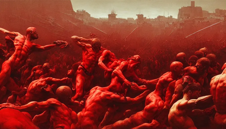 Image similar to only with red, bloody armored gladiator battle in a crowded roman amphitheatre, crowd cheering, in the style of beksinski and edward hopper and rodcenko and yue minjun and greg rutkowski, intricate and epic composition, red by caravaggio, highly detailed, masterpiece, red light, artstation, art nouveau