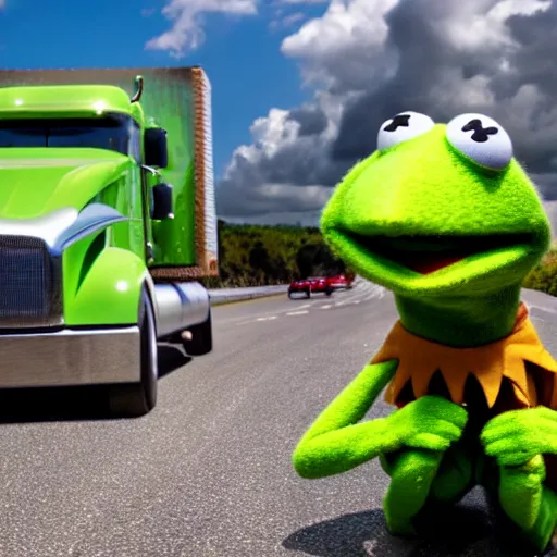 Prompt: Kermit the frog driving a semi truck 4k hd photo journalism