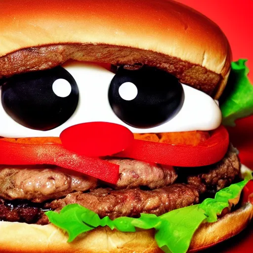 Image similar to lovely hamburger with cute eyes, smiling face, high detailed, high resolution