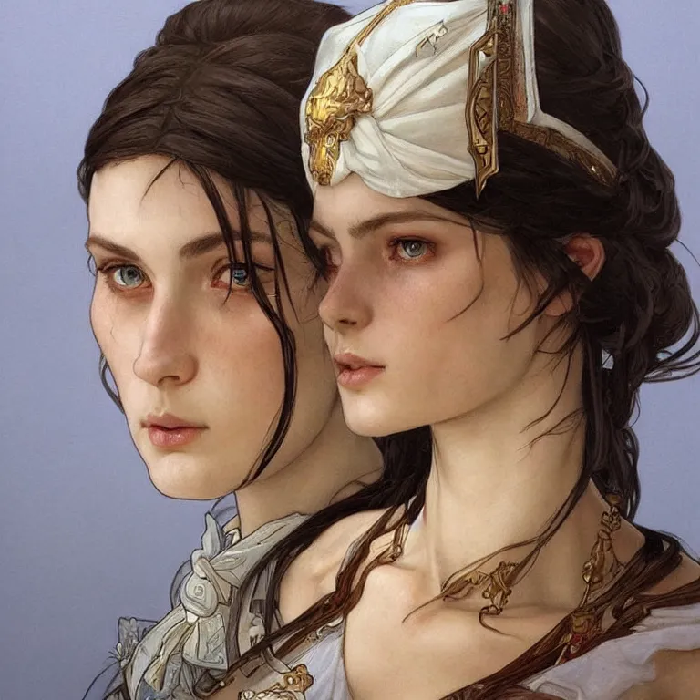 Image similar to Portrait of a Slavic female cleric with kerchief covering her ears. Blue eyes, black hair, porcelain skin, full lips, high slanted cheekbones. Fantasy art by artgerm and greg rutkowski and alphonse mucha, intricate, elegant, highly detailed, dramatic lighting, concept art, illustration, award winning on artstation, D&D, Dungeons and Dragons, Western European.