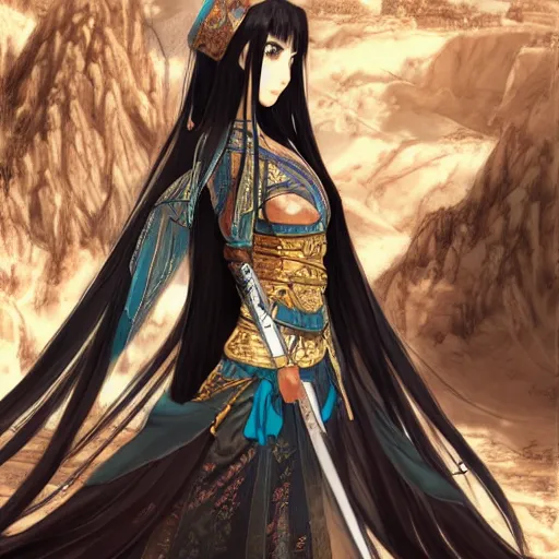 Prompt: ancient chinese dynasty princess, three kingdom, dynasty warriors, standing in an oasis in the desert, anime movie, beautiful, elegant, headshot, long black hair, digital painting, smooth, concept art, art by makoto shinkai