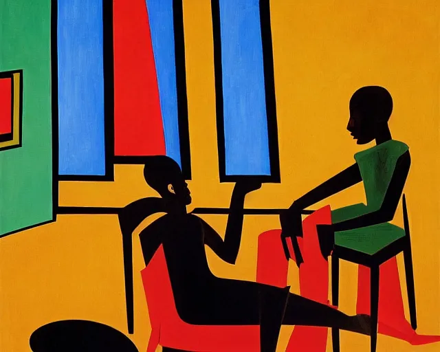 Image similar to a painting of a person sitting in a room, an art deco painting by Jacob Lawrence, featured on pixiv, vorticism, constructivism, surrealist, cubism