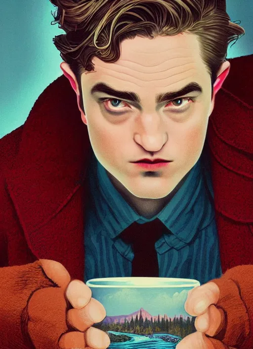 Prompt: Twin Peaks poster artwork by Michael Whelan and Tomer Hanuka, Karol Bak, Rendering of the young researcher Robert Pattinson, from scene from Twin Peaks, clean, full of details, by Makoto Shinkai and thomas kinkade, Matte painting, trending on artstation and unreal engine