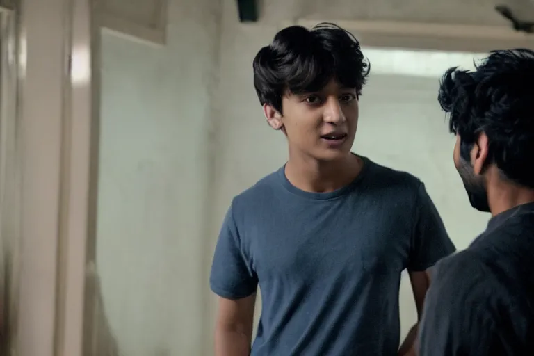 Prompt: film still of jungkook talking passionately with himesh patel in cosmic horror! the musical by david cronenberg, horror sci fi, 3 5 mm film, atmospheric, ultra fine detail, film grain, photorealistic, dramatic lighting