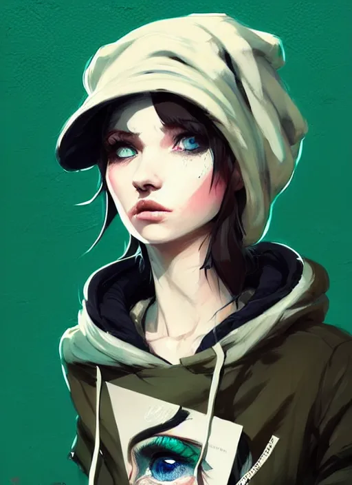 Image similar to highly detailed portrait of a sewer punk lady student, blue eyes, burberry hoody, hat, white hair by atey ghailan, by greg rutkowski, by greg tocchini, by kaethe butcher, gradient green, black, brown, cream and blue color scheme, grunge aesthetic!!! ( ( graffiti tag wall flat colour background ) )
