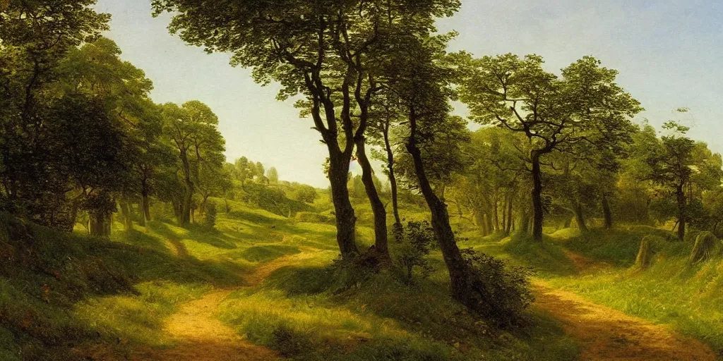 Image similar to a beautiful landscape painting of a path through countryside fields and patches of woodland, by caspar david friedrich, oil on canvas, highly detailed, hd, 4 k