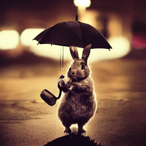 Image similar to portrait of a time traveling rabbit holding a pocket watch and an umbrella, rainy night, city lights, streetlights, digital art, sharp, focused photo