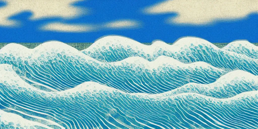 Image similar to clouds and waves, An aesthetically pleasing, dynamic, energetic, lively, well-designed digital art of a beach, ripples, waves, sea foam, light and shadow, overlaid with aizome patterns, Shin-hanga by Bob Ross, traditional Japanese colors, superior quality, masterpiece