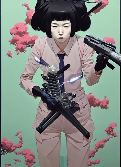 Image similar to Artwork by James Jean and Phil noto and hiyao Miyazaki ; a young Japanese future police lady named Yoshimi battles an evil natures carnivorous robot on the streets of Tokyo; Art work by hiyao Miyazaki, Phil noto and James Jean