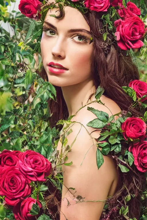 Image similar to realistic photograph of a beautiful woman in a lush garden with roses in her hair and an intricate gown, portrait, highly detailed,