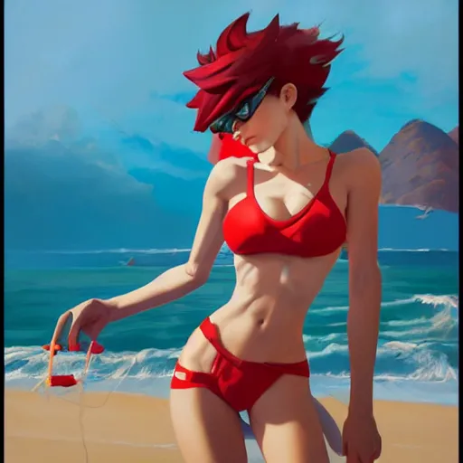 Image similar to overwatch tracer in a red bikini on the rio de janeiro's beach, artwork by sergey kolesov, medium shot, asymmetrical, organic painting, sunny day, matte painting, bold shapes, hard edges, street art, trending on artstation, by huang guangjian and gil elvgren and sachin teng