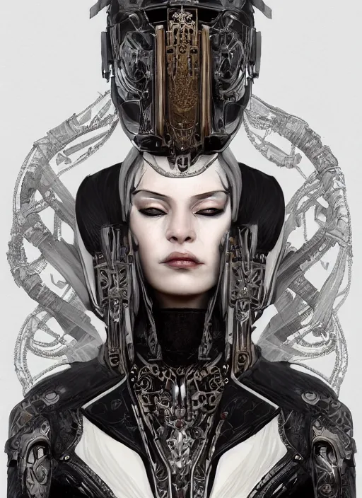 Prompt: a cyborg empress with mask, black leather garment with art nouveau ivory accessories, cyberpunk, darksynth, luxury, concept art by jama jurabaev, extremely detailed, ominous, ethereal, artstation, andree wallin, edvige faini, balaskas, alphonse mucha, symmetry