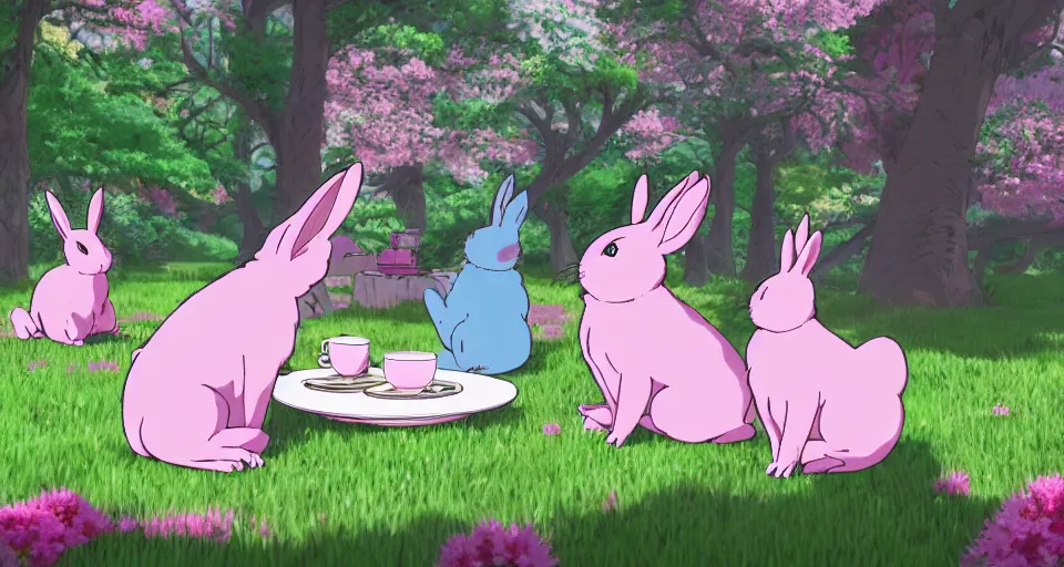 Prompt: 3 pink and teal colored bunnies having a tea party, by studio ghibli, makoto shinkai, cryengine 8 k uhd, beautiful nature anime illustration