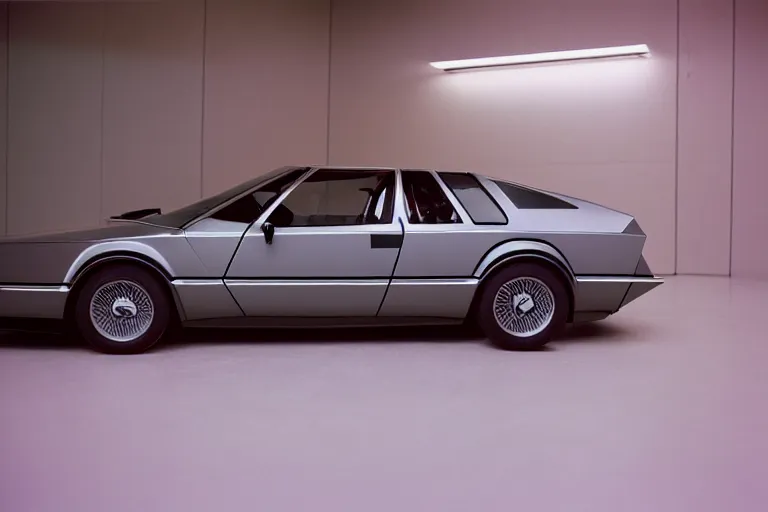 Image similar to 1984 wedge shaped sports car, BMW M1 Lincoln Continental, inside of a minimalist Tokyo garage, ektachrome photograph, volumetric lighting, f8 aperture, cinematic Eastman 5384 film