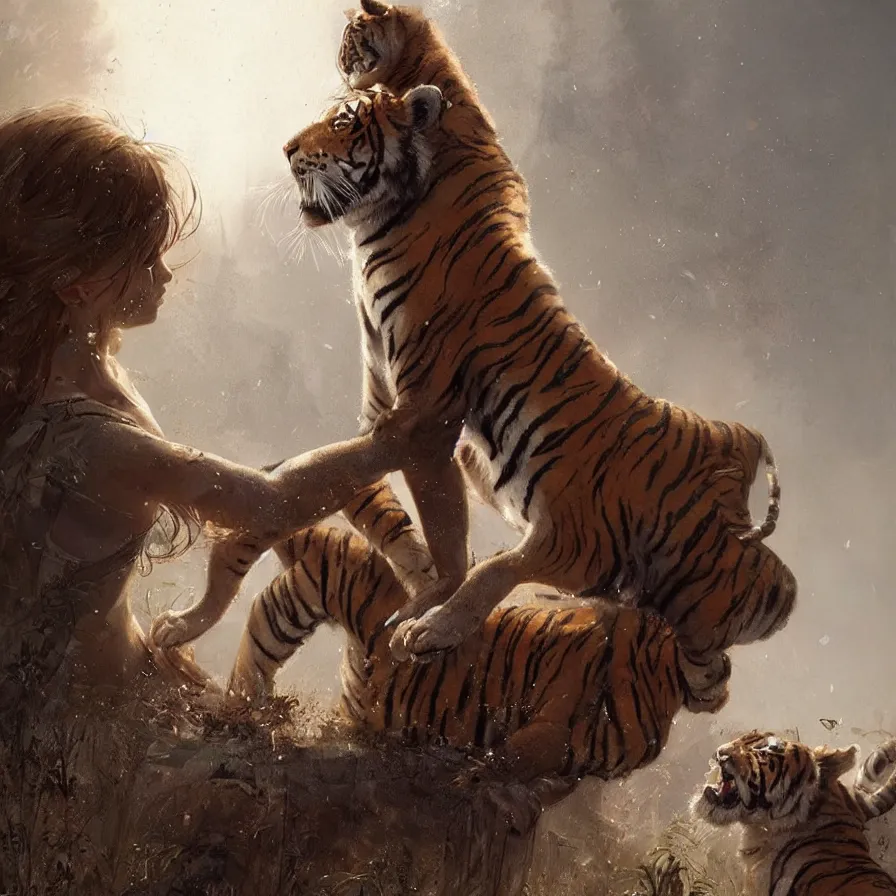 Image similar to the relationship between a girl and a tiger. they love each other, girl with beautiful soft woman body, detailed digital art by greg rutkowski.