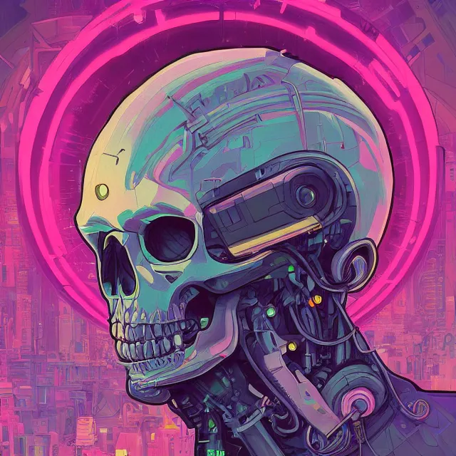 Image similar to a beautiful painting of a cyberpunk skull by simon stalenhag and pascal blanche and alphonse mucha. in style of digital art. colorful comic, film noir, symmetry, hyper detailed. octane render. trending on artstation