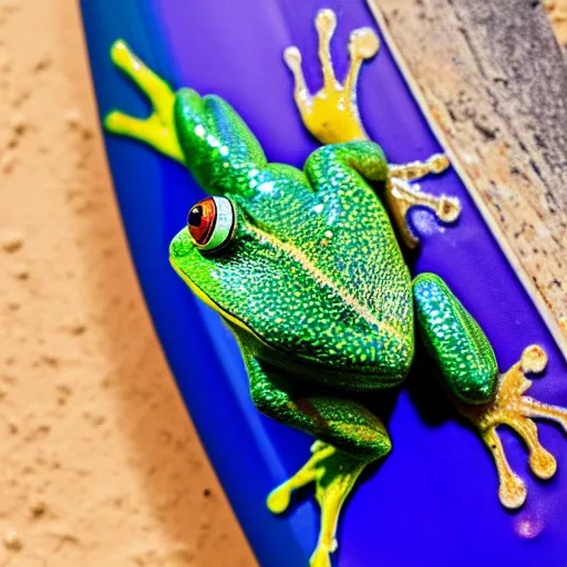 Prompt: photograph of a frog on a surfboard, catching a wave, high quality, clean, sharp focus, enhanced colors, hd, 8k