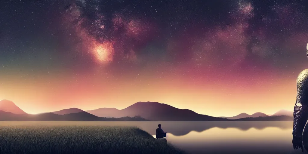 Prompt: beautiful landscape of small lake at night with distant mountains and close - up of a bald symmetric man in futuristic armor, ultra realistic, highly detailed, hd, sharp focus, cinematic lighting, realistic, vivid colors, painting, digital art, non blurry, sharp
