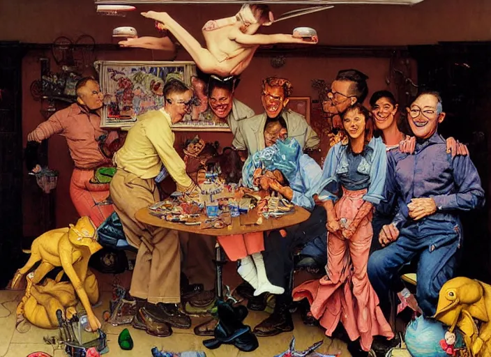 Prompt: beautiful detailed photorealistic painting of a group of friends smiling and having fun,, surreal, norman rockwell and james jean, greg hildebrandt, and mark brooks, triadic color scheme, by greg rutkowski, in the style of francis bacon and syd mead and edward hopper and norman rockwell and beksinski