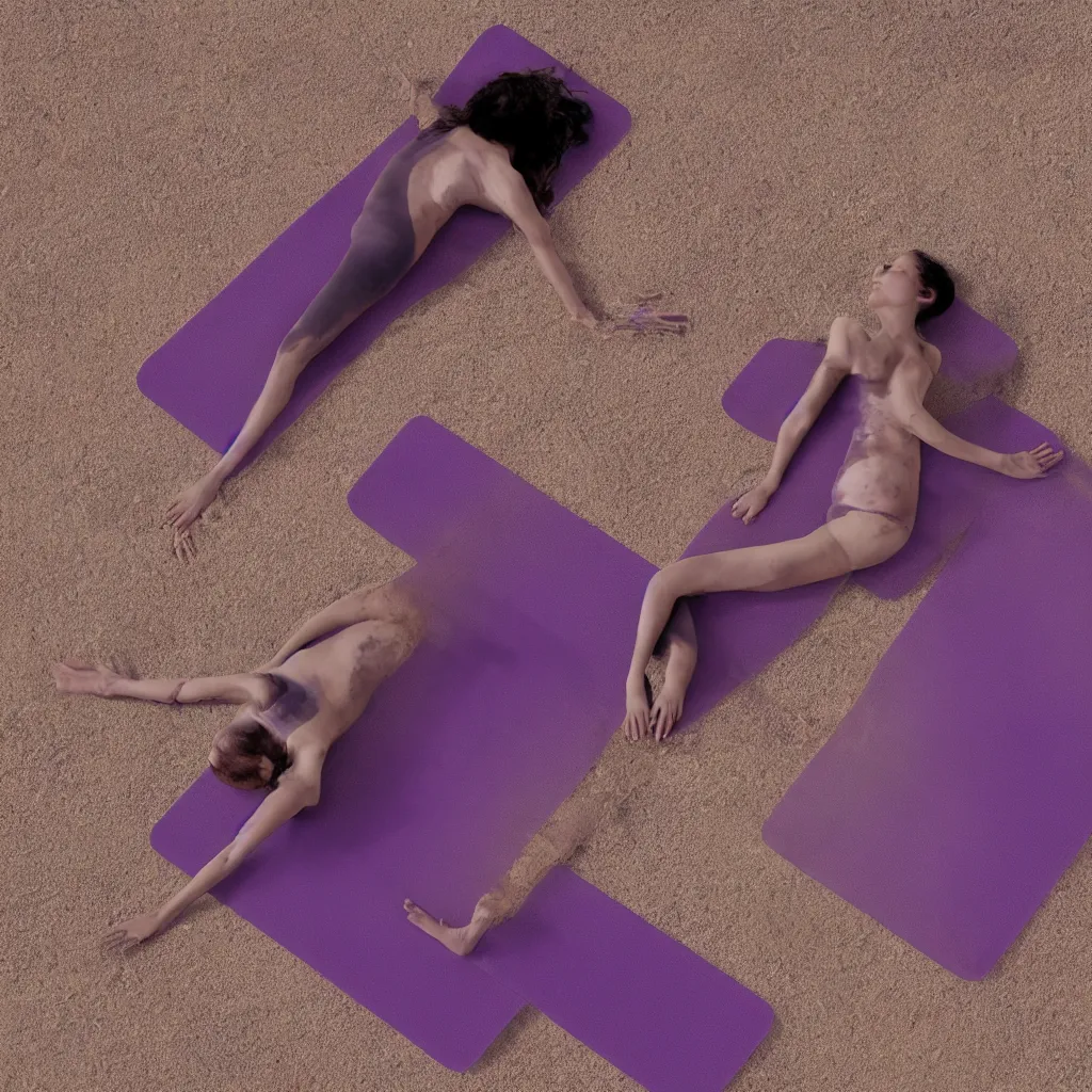 Prompt: overhead view of iridiscent oil spill in desert sand tempest with women corpses connected by cables and computers to wax forms to a buried baby relaxing on yoga mat, faded, purple gradient, dust, purple fog, depth of field, by werner herzog, hans bellmer and nadav kander, 8 k, sad atmosphere, cinematic