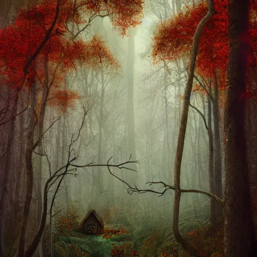 Image similar to baba-yaga house forest in an autumn forest, green and red tones, by Aron Wiesenfeld and beksincki, cinematic, detailed illustration, nature, fog, dark colors, suspense, intricate, 8k