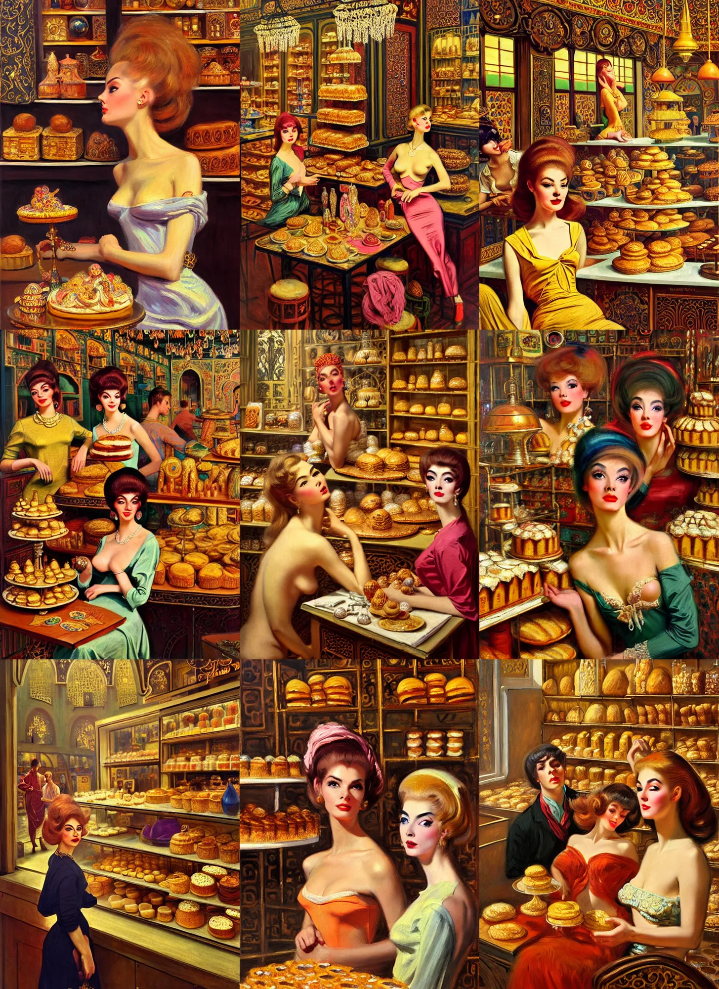 Prompt: 1960s Neo Rococo Expressionist, 1960s orientalism, diffuse lighting, fantasy, intricate, elegant, highly detailed, lifelike, photorealistic, digital painting, artstation, illustration, concept art, smooth, sharp focus, The City of Lisbon in a bakery shop, art by John Collier and Albert Aublet and Krenz Cushart and Artem Demura and Alphonse Mucha