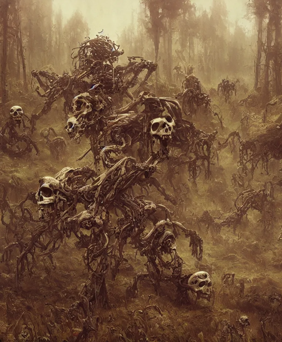 Prompt: Pick Up Behind You, skulls and bones, illustrated by Simon Stålenhag and Gaston Bussiere, intricate, ultra detailed, photorealistic, trending on artstation