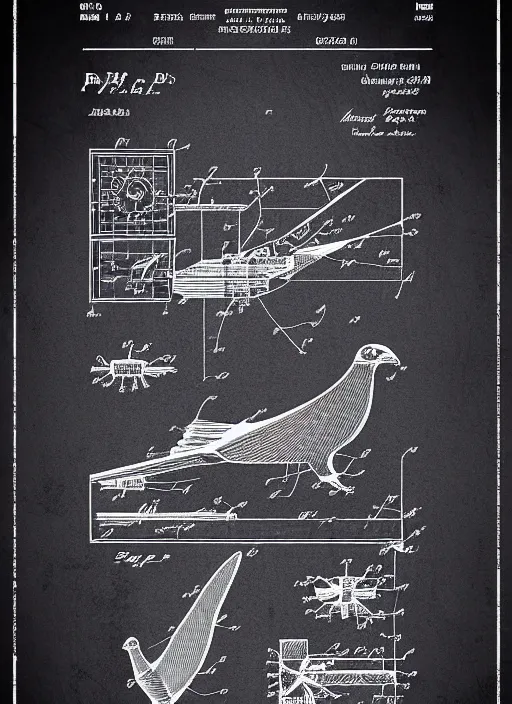 Prompt: a graphic design poster of the isometric detailed blueprint of the pigeon in space, patent illustration, no text 1 9 9 0, poster design, japan graphic comics manga art illustration, silkscreen risograph, greyscale monochrome