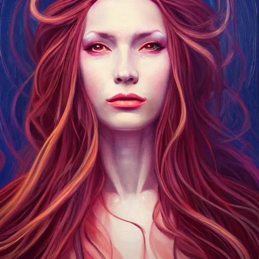 Image similar to portrait of a female wizard in flowing sensual dress, long flowing hair, delicate, looking at camera, slightly smiling, realistic face, stylish, elegant, extremely detailed painting inspired by Gerald Brom and Simon Stalenhag, studio lighting